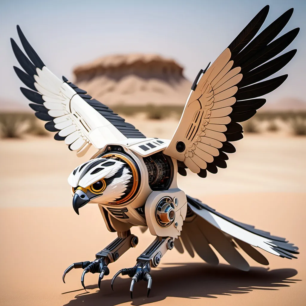 Prompt: real made elctronic falcon with big wings open with so much detalis and showin inside and wires parts and desert background