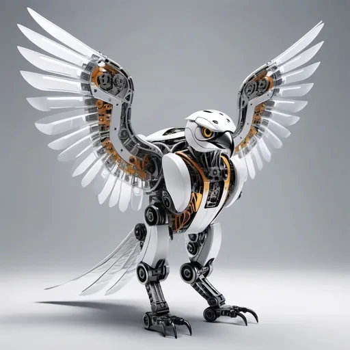 Prompt: robotic falcon with big wings open with so much detalis and transparent parts 