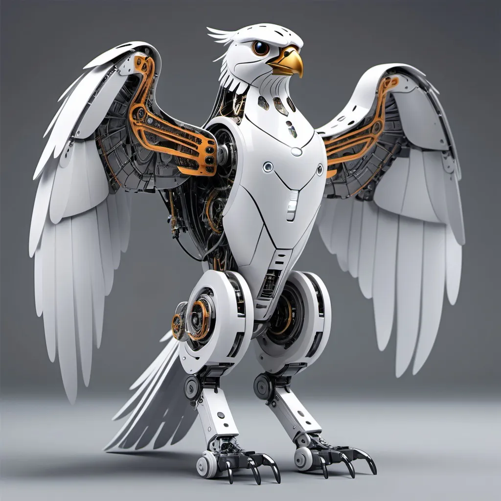 Prompt: robotic falcon with big wings open with so much detalis and transparent parts 