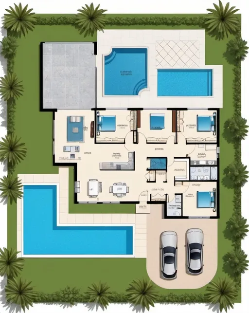 Prompt: luxury home floorplan, backyard, frontyard, pool, 2D vector illustrations, high quality, detailed layout, modern design, professional style, minimalistic, precise lines, clean and crisp, luxurious space, top-notch, well-crafted, artistic floorplan, spacious layout, accurate representation, high-res, polished, architectural, detailed home, clear and precise, professional vector illustration, organized and efficient, minimalistic design



3 bedrooms with attach bathrooms,one garage, swimming pool with jacuzzi,a separate procreation room,a dinning and lounge room, a gaming room and an open modern kitchen 