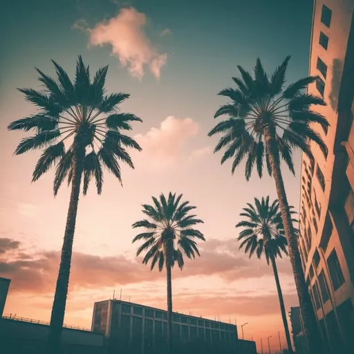 Prompt: Retro Nostalgic Toned Palm Trees Over Summer cloudy Sky Perspective View at sunset, in the background building of an industrial city
