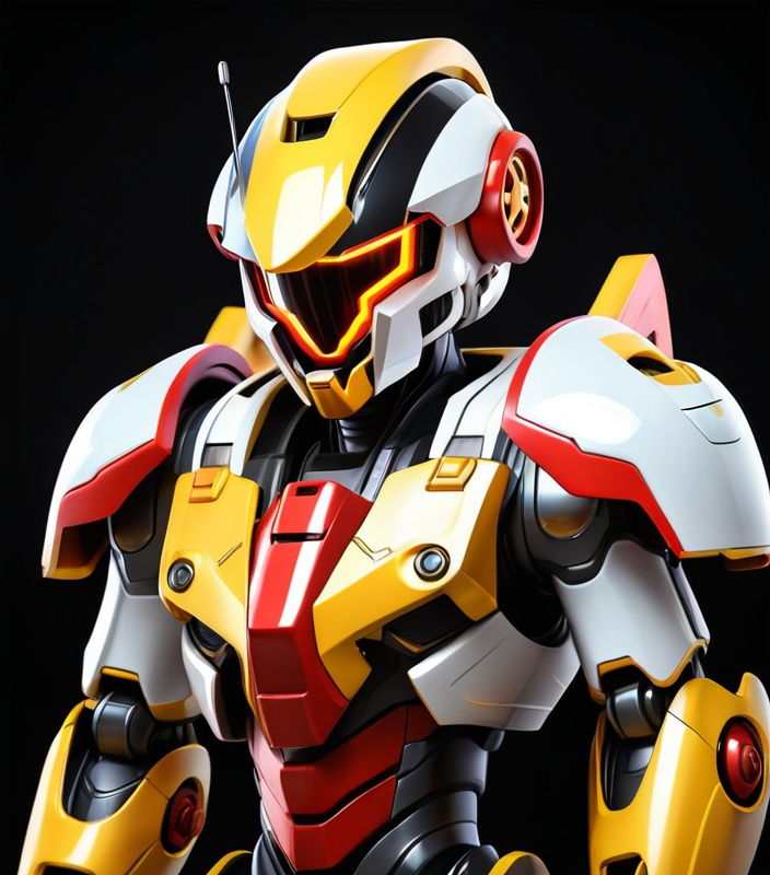 Prompt: a cartoon character with a helmet and a helmet on, standing in front of a black background, with a yellow and red frame, Dai Jin, rayonism, mecha, concept art