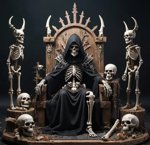 Prompt: A very cool hooded necromancer sitting on a throne made up of wood and bones with skeletons guarding him
