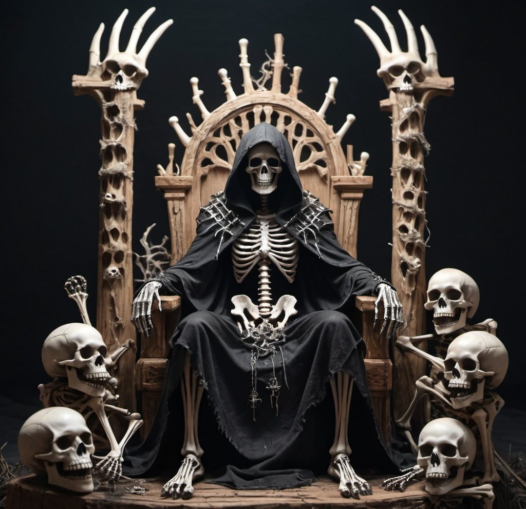 Prompt: A very cool hooded necromancer sitting on a throne made up of wood and bones with skeletons guarding him
