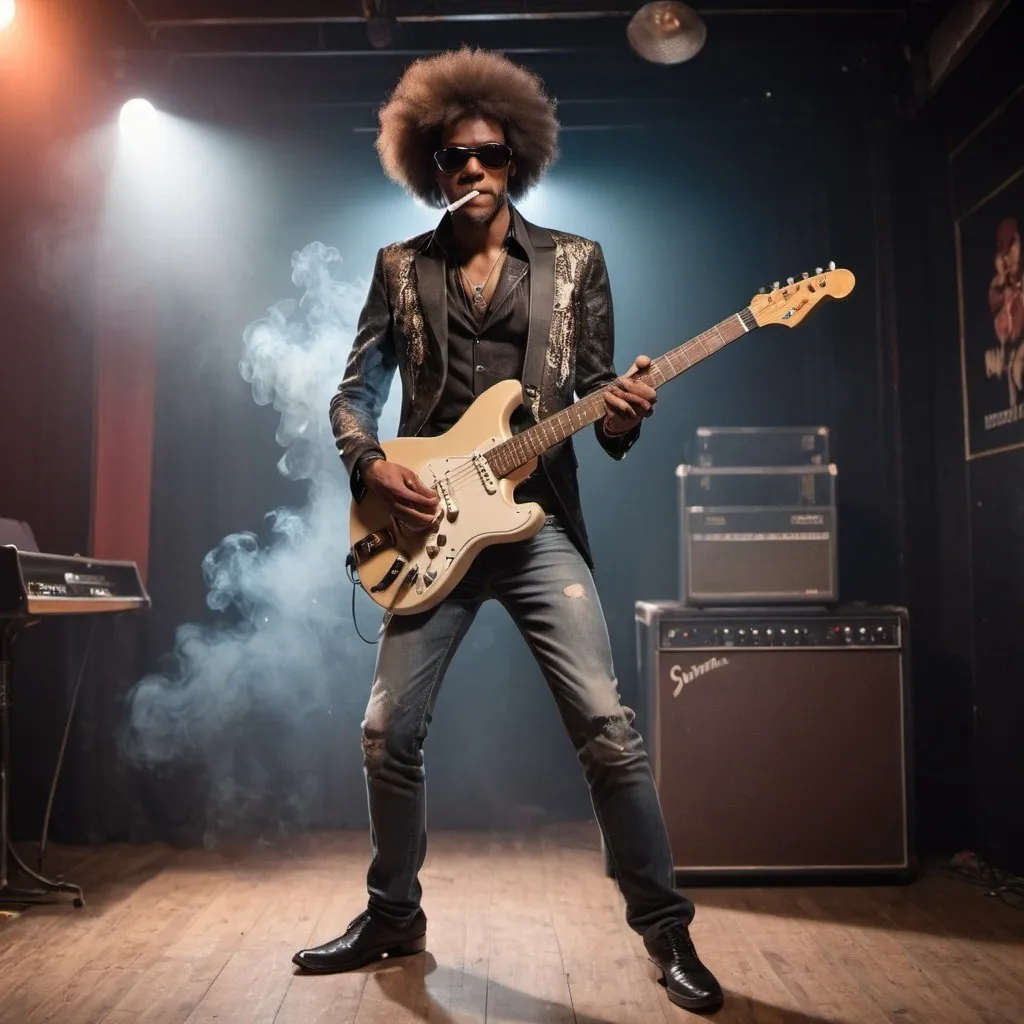 Prompt: Full body shot of a good looking funky soulman guitarist in a club on a stage smoking a cigarette looking straight in the camera being very attractive for women