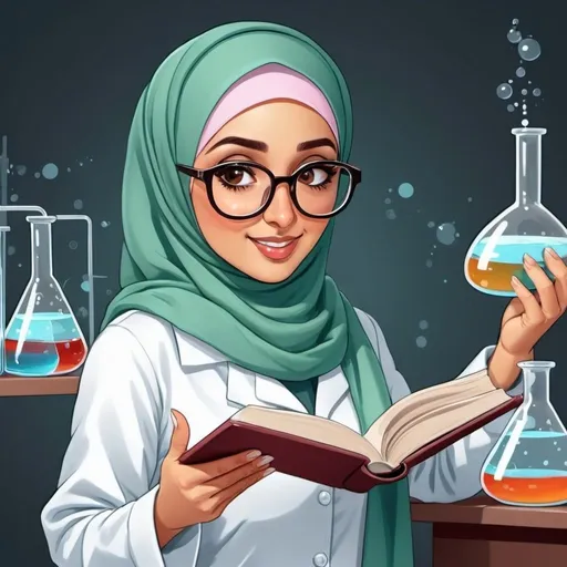 Prompt: Pic of a hijabi female pharmacist with spectacles for a book cover of science experiments. Cartoon. Show her performing some experiments.