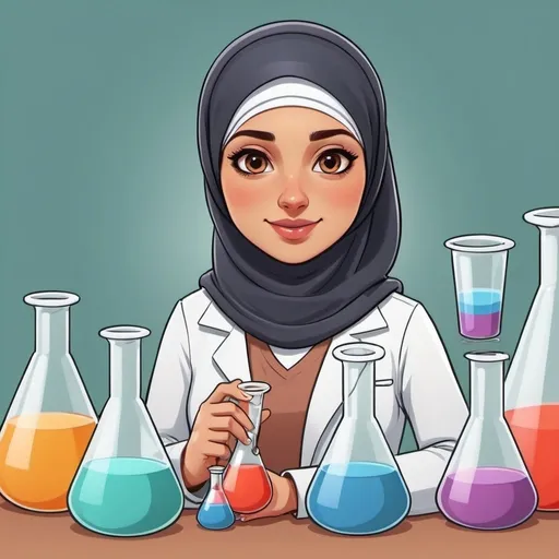 Prompt: A female pharmacist with conical flask and beakers. Cartoon. With a hijab on.