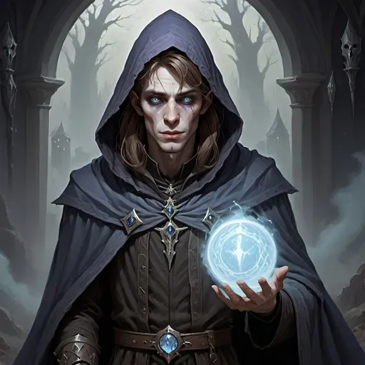 Prompt: Warlock, very pale gaunt skin, brown hair, milky white eyes with faint blue irises. Human male, slightly undead looking, plain looking dark cloak with a hood paler skin
