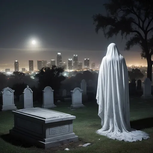 Prompt: Whispy white ghost emerging from tomb, eerie cemetery, San Diego skyline in distance, night time setting, detailed ghostly figure, haunting atmosphere, misty and foggy, supernatural, spooky, eerie lighting, ultra-detailed, highres, ghosts