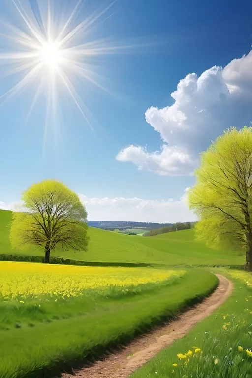 Prompt: Create an image with spring countryside with a lot of sunshine and blue sky