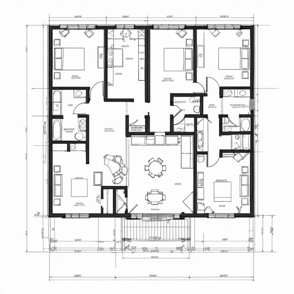 Prompt: A detailed CAD drawing of a residential floor plan.