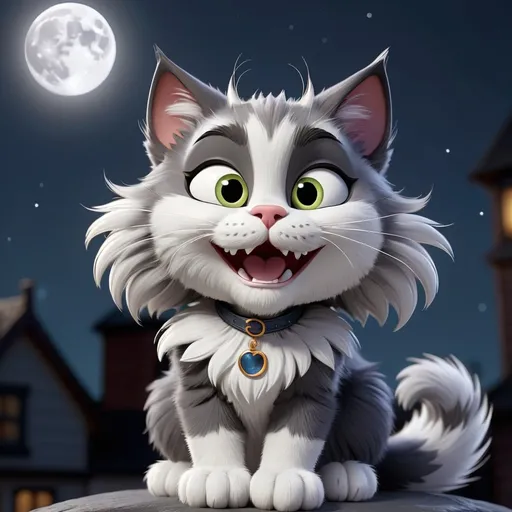 Prompt: cat dark grey with white chest and face and paws make the cat furry and fluffy under the moon in cgi graphics happy cat, make into logo with title jess

