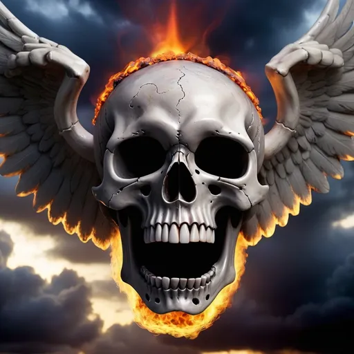 Prompt: dark large angel skull in a fired up enviroment with dark clouds use a halo on skull


