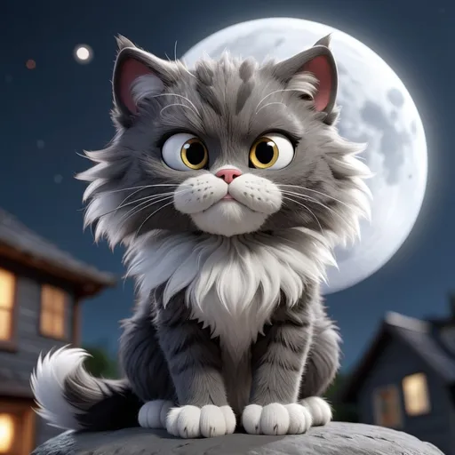 Prompt: cat dark grey with white chest and face and paws make the cat furry and fluffy under the moon in cgi graphics