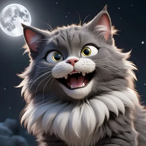 Prompt: cat dark grey with white chest and face and paws make the cat furry and fluffy under the moon in cgi graphics happy cat
