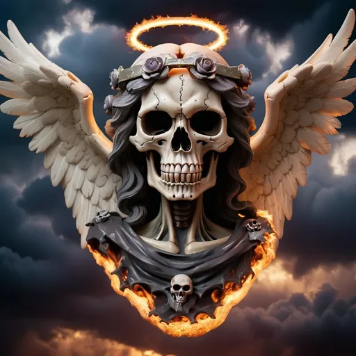 Prompt: dark large angel skull in a fired up enviroment with dark clouds use a halo on skull


