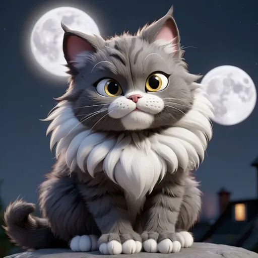 Prompt: cat dark grey with white chest and face and paws make the cat furry and fluffy under the moon in cgi graphics