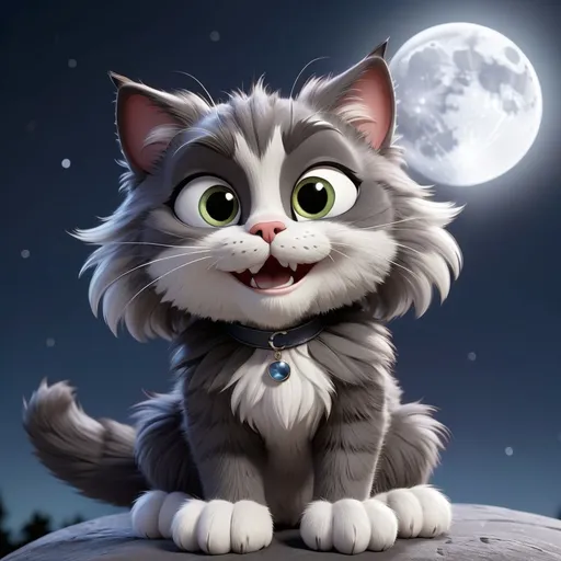 Prompt: cat dark grey with white chest and face and paws make the cat furry and fluffy under the moon in cgi graphics happy cat, make into logo with title jess

