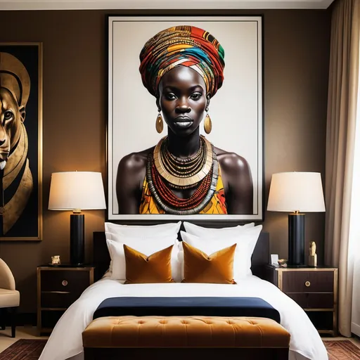 Prompt: Create an elite hotel room with an African portrait on the wall