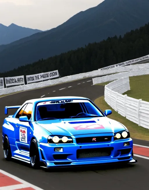 Prompt: Illustrayiom of skyline r34 with blue color. with some background Race track fence. And Some sponsorship flAgs. And background mountain 
