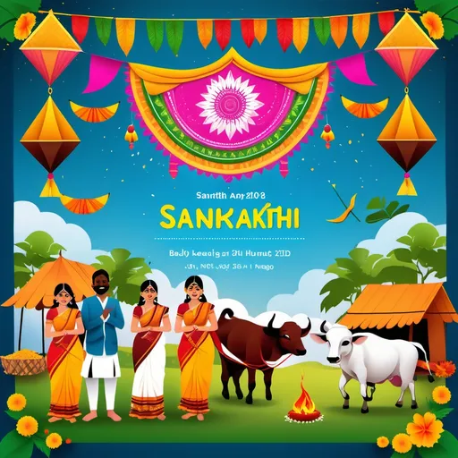 Prompt: A vibrant and festive digital invitation card for a Sankranthi celebration fully representing traditional Telugu village culture. The design features iconic elements such as colorful kites flying in a bright blue sky, bullock carts, traditional Indian huts, lush green fields, farmers harvesting crops, women creating rangoli patterns, and festive decorations like mango leaves and marigold garlands. A joyous bonfire with people dancing around it, symbolizing the Bhogi festival, is also included. Prominently display the text: 'Sankranthi Festival Celebration', 'Event Date: 10th January 2025', 'Organized by SATA Central', and 'Inviting Everyone' in bold, elegant fonts. Use warm, festive colors like orange, yellow, and green to evoke joy, tradition, and cultural richness. The overall style should feel inviting and celebratory, perfect for a community event. add more flowers and garlands and kits and kids playing with kites .. just add hens and coks and camp fires also 