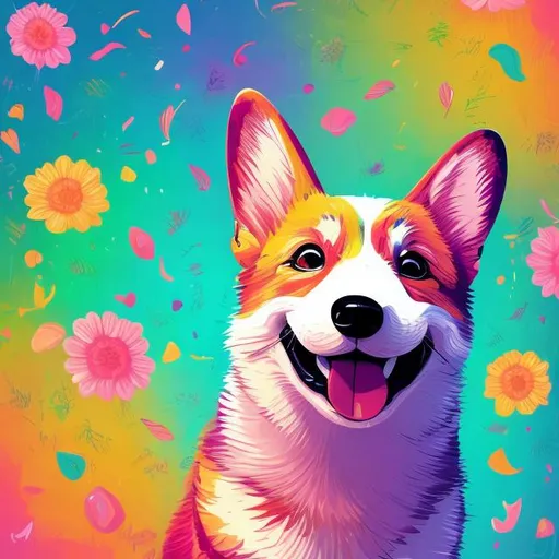 Prompt: Smiling corgi, vibrant digital illustration, colorful floral background, high quality, detailed fur, joyful expression, cute and cheery, digital art, bright and lively colors, playful atmosphere, professional, vibrant lighting, energetic and lively