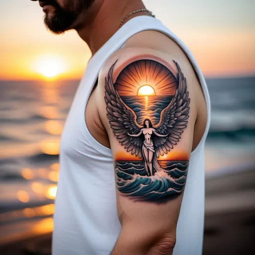 Prompt: Man arm tattoo with angel wings and sunrise over the ocean representing the death of a father 