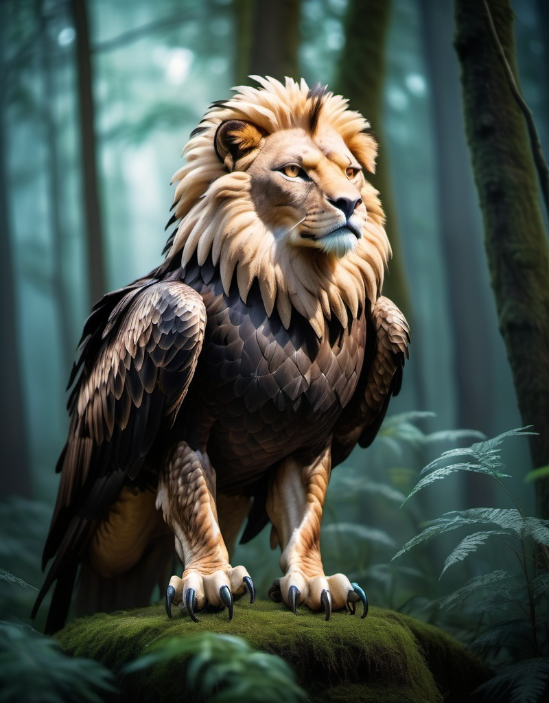 Prompt: Eagle-lion hybrid in a mystical forest, animal hybrid of an eagle and a lion, mix of lion and eagle, high quality, atmospheric lighting