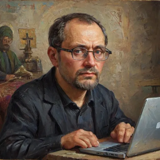 Prompt: A man, middle-aged, with mixed facial features (Russian and Eastern). Intelligent appearance: smart and serious, wearing glasses. Religious, with small Christian attributes, but without a cross on his forehead. Knowledgeable in the IT sphere, possibly with technology-related accessories (for example, a laptop).