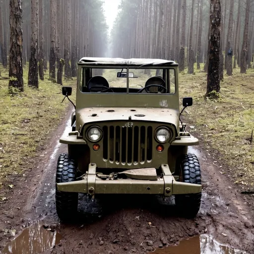 Prompt: destroyed Jeep Willys on the dirty forrest road