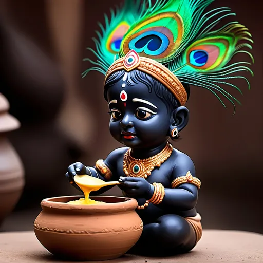 Prompt: Lord very cute kid krishna in black form and a peacock feather on head eating butter with hand from clay decorated pot , 