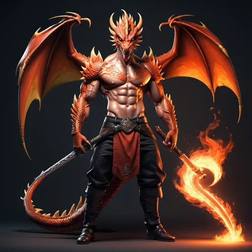 Prompt: A man with six pack and fire sword.A dragon form from the fire of the sword