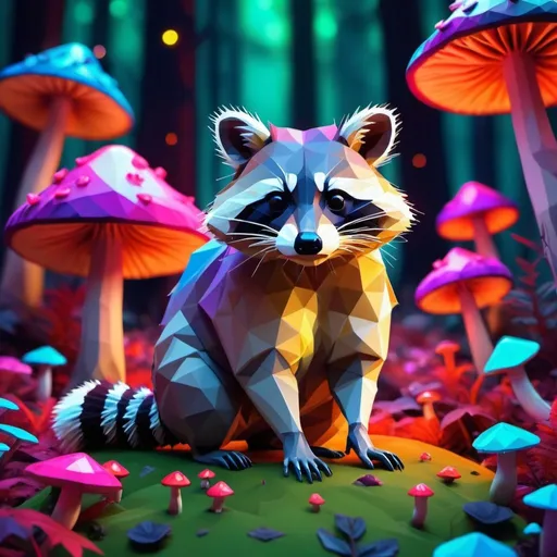 Prompt: Low poly raccoon in vibrant neon mushroom forest, low poly style, neon colors, shiny mushrooms, surreal atmosphere, high quality, low poly, vibrant neon, surreal, forest scenery, detailed raccoon, colorful lighting