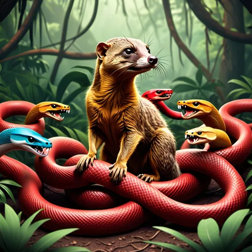 Prompt: mongoose defending crypto chain  
icons against a bunch of snakes, jungle background
