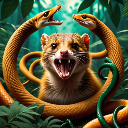 Prompt: mongoose defending crypto chain  
icons against a bunch of snakes, jungle background- have the bitcoin symbol and the eth symbol and solana symbols in the background

