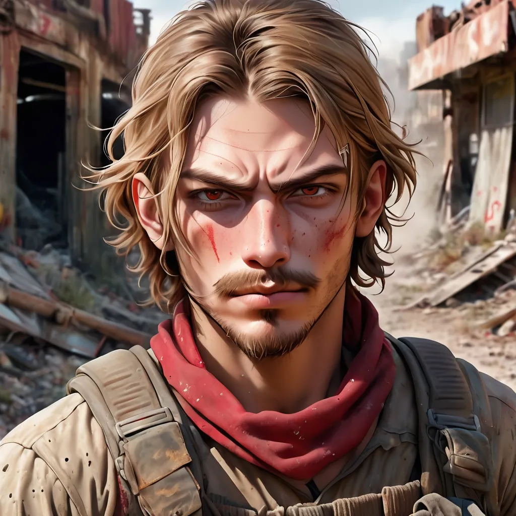 Prompt: Detailed illustration of a young man in a rugged post-apocalyptic setting, light small facial hair, unkempt middle-length light brown hair, tan military ammo webbing, red face bandana, intense and weathered expression, high-quality, detailed, post-apocalyptic, rugged style, earthy tones, dramatic lighting