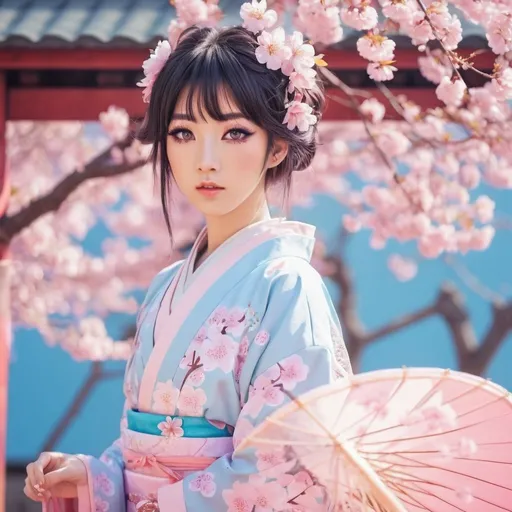 Prompt: Japanese cute ladyboy, anime style, pastel color palette, cherry blossom background, detailed eyes, high quality, ultra-detailed, kawaii, traditional Japanese clothing, bright and soft lighting