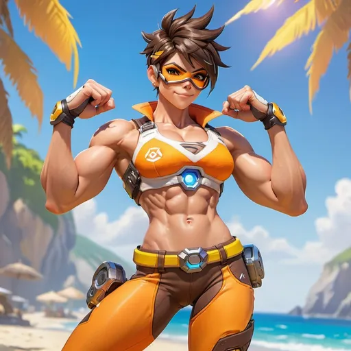 Prompt: Muscular Tracer from Overwatch flexing biceps, crop top, beach setting, six-pack abs, high quality, detailed muscles, vibrant colors, athletic, summer vibe, beach lighting