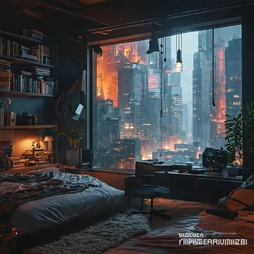 Prompt: a bedroom with a bed, desk, and computer monitor , book on Industrial bookshelf ,   ,Large floor-to-ceiling windows
 bed in front of a window overlooking a city at night time with a cityscape lit up, Beeple, retrofuturism, cyberpunk city, cyberpunk art,Blade Runner 2049 style