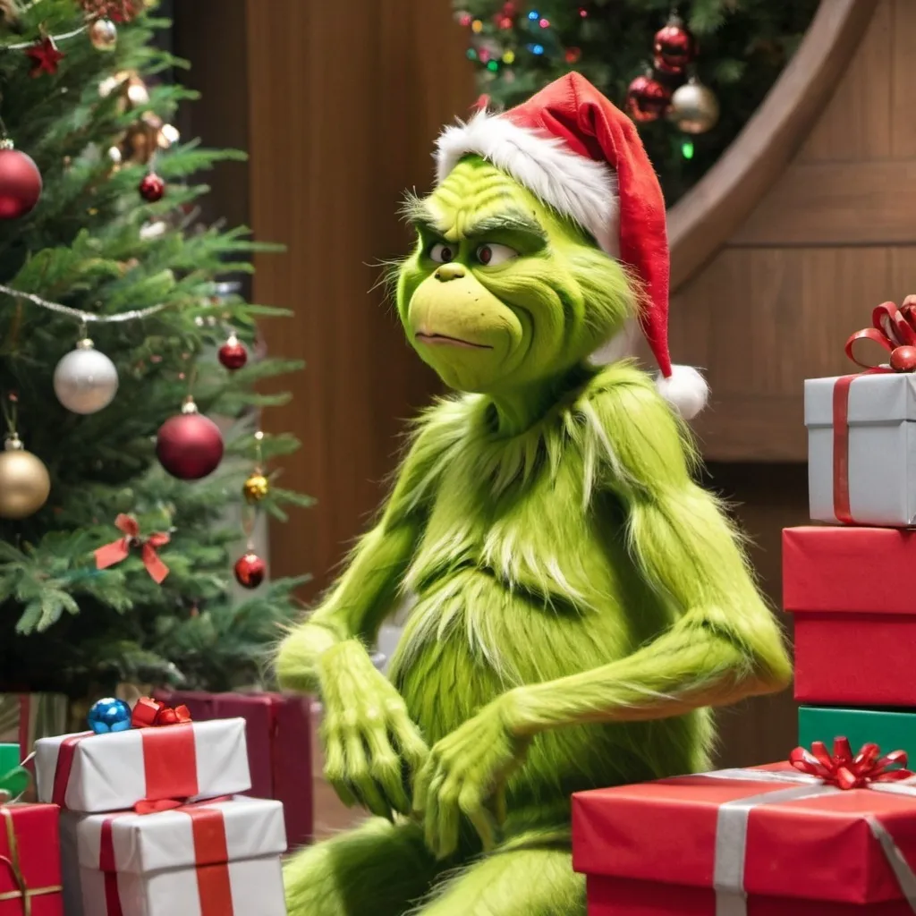 Prompt: the Grinch sits next to a large Christmas tree full of toys, poking around the gifts.