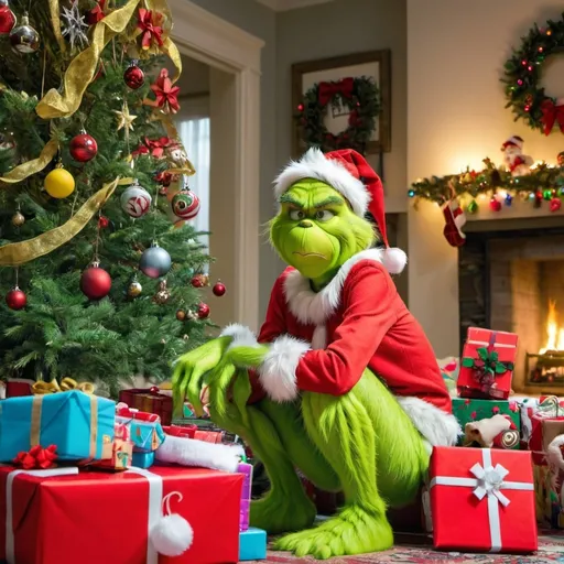 Prompt: the Grinch sits next to a large Christmas tree full of toys, poking around the gifts.