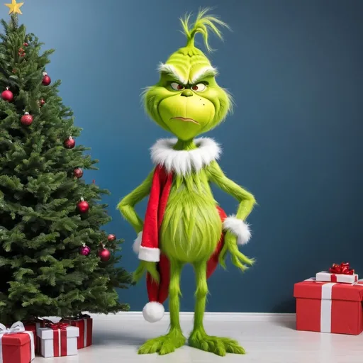 Prompt: grinch standing big christmas tree