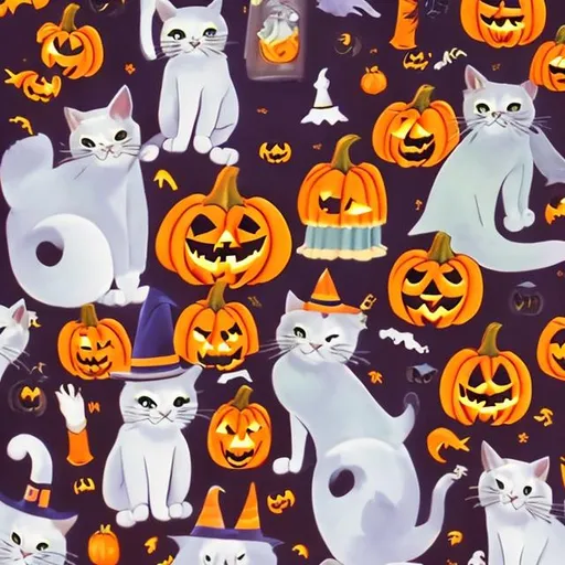 Prompt: preppy halloween night cats and ghost