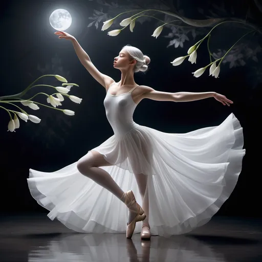 Prompt: On a dreamy midnight stage, a mystical ballerina glows in pure white light. She is the spirit of the lily, embodying purity and grace. Her skirt flutters like lily petals, and her movements release a soft floral fragrance and gentle glow.Her translucent skin and silver hair shimmer under the moonlight. Her deep eyes hold serenity, and each step leaves ripples of light in the air, as if time momentarily pauses.Dressed in a lily-inspired ballet costume adorned with dewdrop-like sparkles, she twirls on a misty stage bathed in moonlight. Light flows with her movements, creating an enchanting display.Generate an image of this mystical lily ballerina, capturing her attire, stage, dance, and ethereal presence