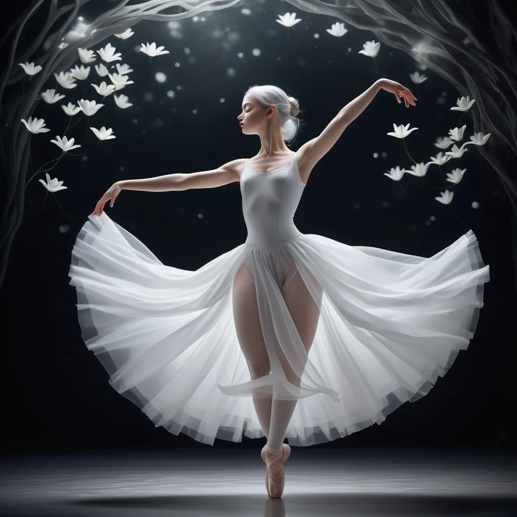 Prompt: On a dreamy midnight stage, a mystical ballerina glows in pure white light. She is the spirit of the lily, embodying purity and grace. Her skirt flutters like lily petals, and her movements release a soft floral fragrance and gentle glow.Her translucent skin and silver hair shimmer under the moonlight. Her deep eyes hold serenity, and each step leaves ripples of light in the air, as if time momentarily pauses.Dressed in a lily-inspired ballet costume adorned with dewdrop-like sparkles, she twirls on a misty stage bathed in moonlight. Light flows with her movements, creating an enchanting display.Generate an image of this mystical lily ballerina, capturing her attire, stage, dance, and ethereal presence