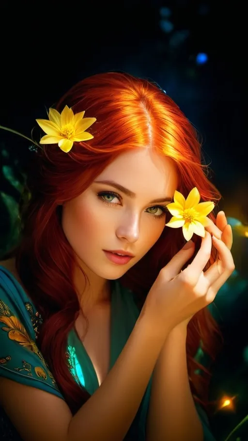 Prompt: High-resolution digital painting of a mysterious girl with flowing red hair, enchanting gaze, ethereal glow, fantasy, surreal, magical, vibrant colors, detailed floral patterns, mystical atmosphere, atmospheric lighting