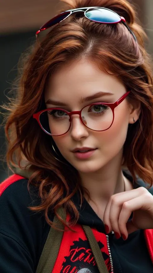 Prompt: <mymodel> girl, 20 year, red wavy hair, glasses