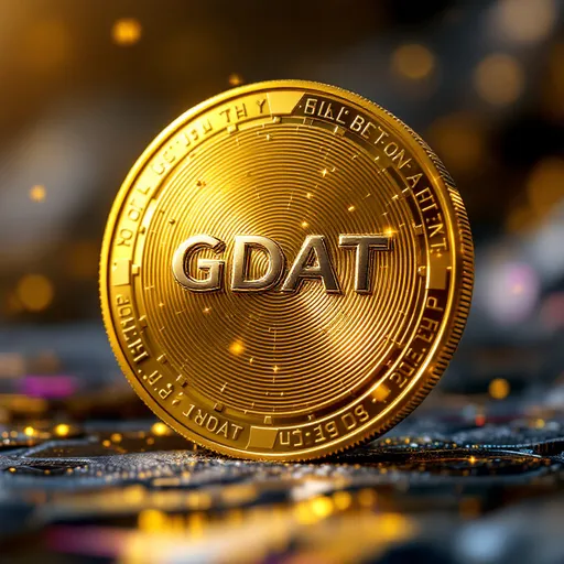 Prompt: Create a GDAT logo on a golden digital coin, reflecting light, exuding luxury and power.