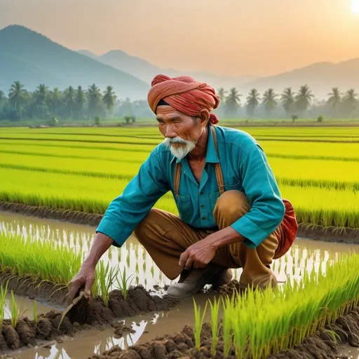 Prompt: (vibrant scene of a farmer sowing rice in a field), lush green rice paddies, golden rice grains, (clear blue sky), warm sunlight illuminating the landscape, serene rural backdrop, detailed farmer in traditional attire, bent over, focused expression, vivid textures of soil and plants, energetic and hopeful ambiance, (4K ultra-detailed) quality, capturing the essence of agrarian life.