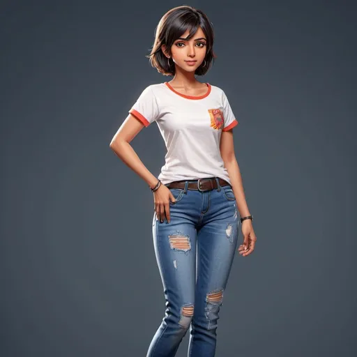 Prompt: Indian female anime character in jeans and t-shirt, youthful appearance, vibrant colors, detailed facial features, high quality, anime, modern, vibrant colors, detailed eyes, loose jeans and loose tshirt, youthful, short hair professional lighting